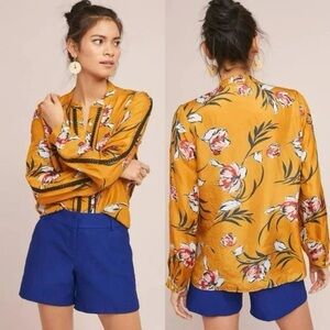 Anthropologie gold mustard floral long sleeve silk shirt M